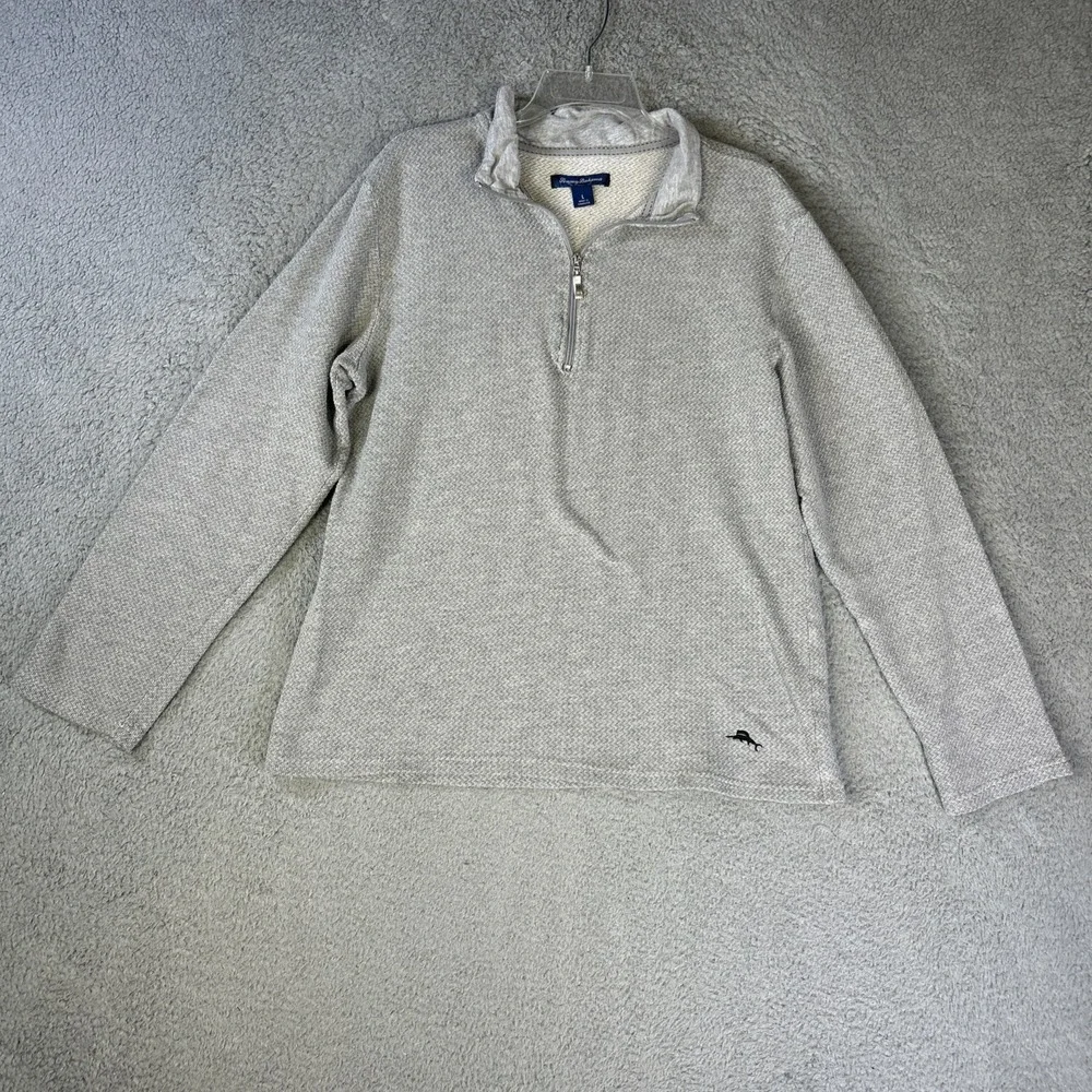 Tommy Bahama 1/4 Zip Sweater Mens Large Grey Herringbone Pullover Stretch Preppy